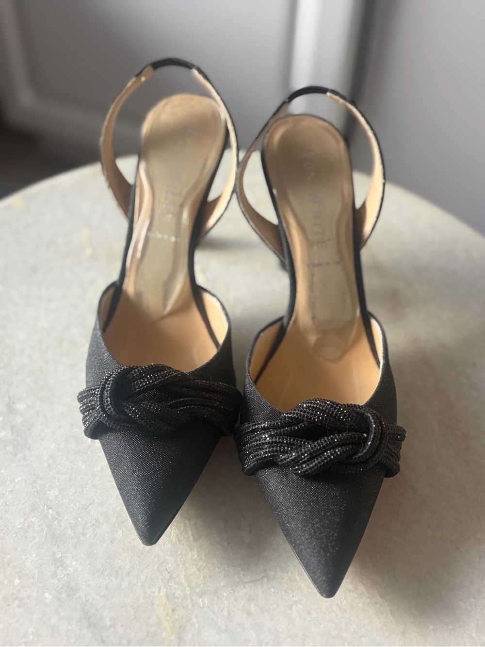 Black Rhinestone Knotted Pointed Toe Slingback Heels